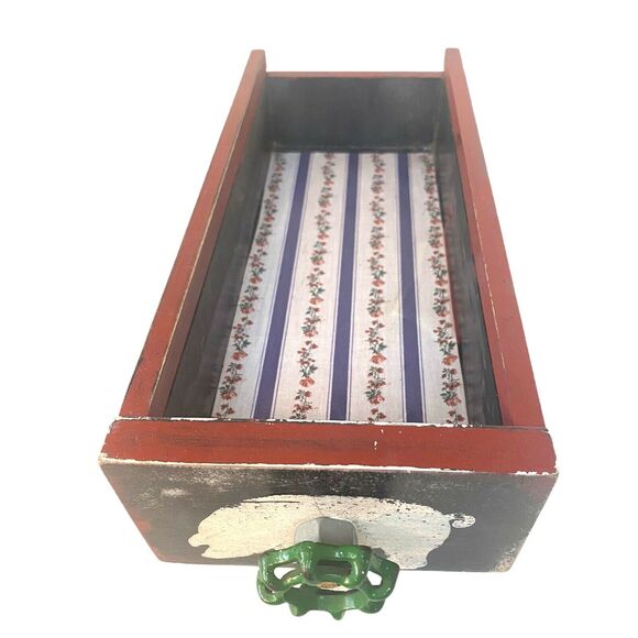 Farmhouse Wood Drawer Crate w/ Vintage Pig Feed Spigot Handle, Red/Black - Picture 3 of 12